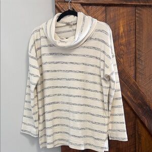 LOFT Cream and Gray Striped Turtleneck Sweater